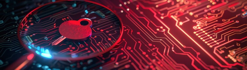 Fototapeta premium Magnifying glass, red key icon, circuit board background, top view, showcases data protection, cybernetic tone, analogous color scheme