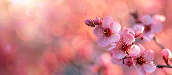 A blooming cherry blossom twig in focus with a blurred background, creating an ideal backdrop for text. Ideal for spring-themed copy space image.