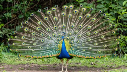 Obraz premium Close up of peacock s intricate plumage with fanned out feathers in vibrant display