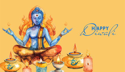 Happy Diwali. Group of paper graphic Indian lantern on Indian festive theme big banner background.