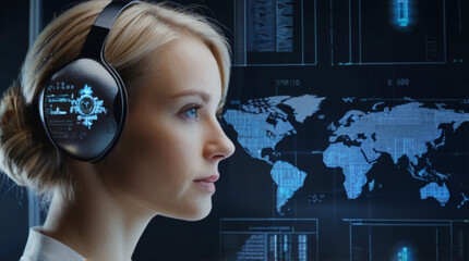 Futuristic portrait of IT specialist analysing data on transparent screen in front of her, information AI technology, cyber security concept	
