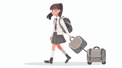 School Girl Walk with Schoolbag on Wheels Isolated 