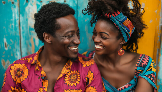 A joyful couple in vibrant attire share a loving gaze, radiating happiness and connection, set against a colorful and rustic background