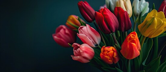 Fototapeta premium A colorful bouquet of tulips against a dark backdrop with copy space image.