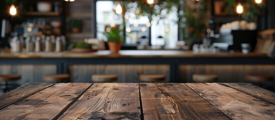 A brown wooden table with an uncluttered surface is the focal point, set against a blurred background of a coffee shop or restaurant, ideal for photomontage or product display with copy space image.