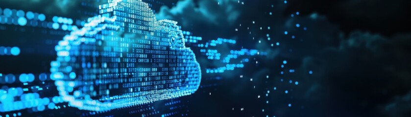 Obraz premium Binary code overlay, metallic padlock, cloud storage symbol, top view, illustrates cloud security, scifi tone, monochromatic color scheme