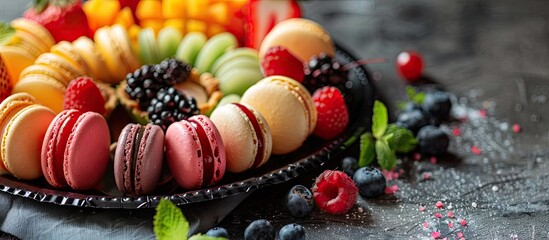 A black plastic plate at a party filled with macarons and a fruit tart, featuring ample copy space image.