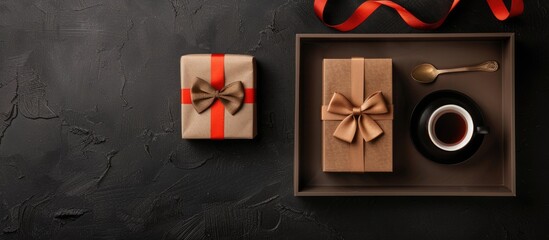 Obraz premium A men's birthday greeting card featuring a present box, bow tie, and coffee arranged on a black background in a top-view frame with copy space image.