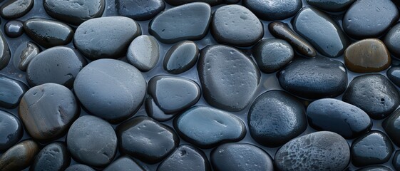 Smooth pebble beach, wet stones with subtle sheen,