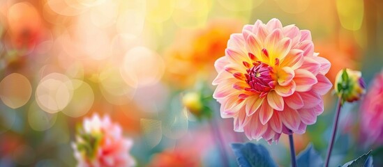 Fototapeta premium A vibrant pink and yellow dahlia in bloom in a sunny garden, ideal as a nature-themed copy space image.