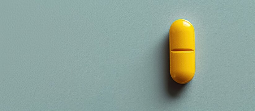 A single yellow pill displayed on a simple backdrop with room for additional text or graphics. Medical theme. Top view arrangement.