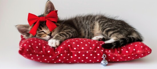 A charming kitten wearing a red bow peacefully lying on a red pillow against a white background, ideal for a Valentine's Day or birthday greeting card, pet-themed web banner, featuring copy space
