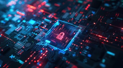 Obraz premium Encrypted data symbol, dark firewall interface, digital lock, top view, illustrates secure encryption, digital tone, tetradic color scheme