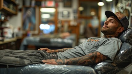 Obraz premium A Moment of Calm in the Tattoo Parlor. Generative AI