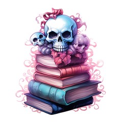 Artistic illustration of skulls on top of a stack of books with a mystical and eerie vibe. Perfect for gothic and fantasy-themed designs.