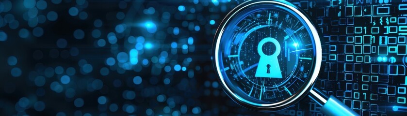 Obraz premium Binary code, blue magnifying glass, key icon, front view, highlights code decryption, technology tone, complementary color scheme