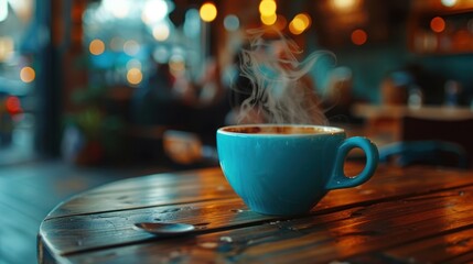 The steaming blue coffee cup