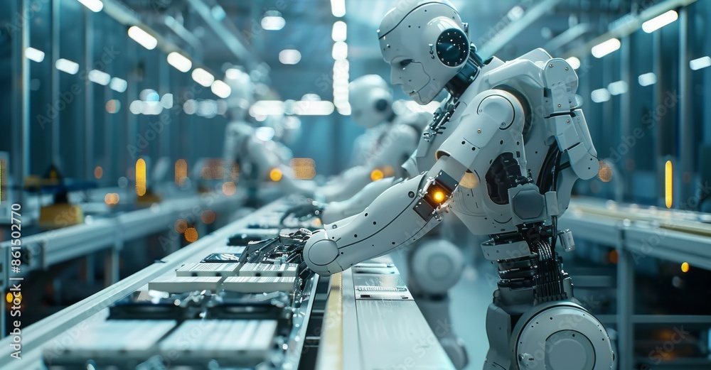Poster robot working on production line in futuristic factory with advanced technology and automation