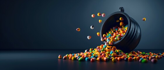 Fototapeta premium 3D Halloween candy spilling from a witch’s cauldron, festive colors