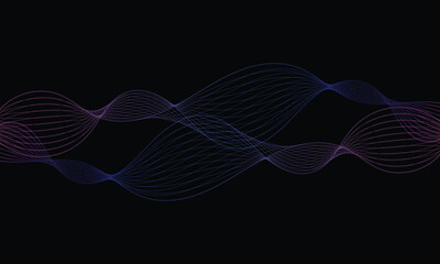 Dark abstract background with glowing wave. Shiny moving lines design element. Modern purple blue gradient flowing wave lines. Futuristic technology concept. Vector illustration