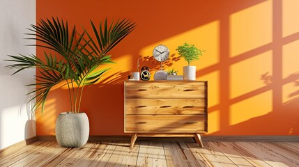 Wooden Chest of Drawers in a Sunny Room with Palm Plant