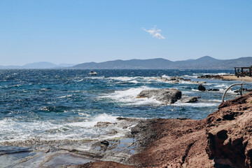 Red cliffs on the coast near Cap Dramont and Saint-Raphael on the French Riviera