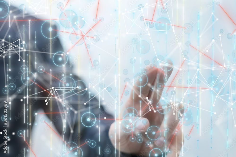 Poster Neural network 3D illustration. Big data and cybersecurity