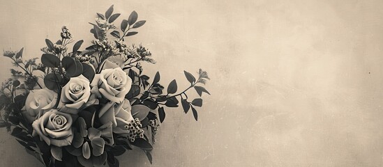 A vintage-toned black and white photo of a round floral arrangement on a paper background, creating a springtime composition with space for additional images.
