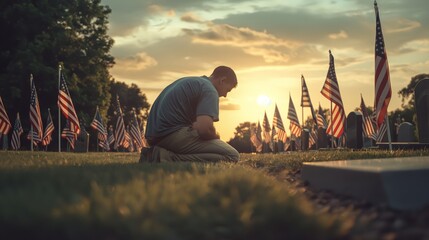A man kneels by a grave surrounded by American flags at sunset, symbolizing tribute and respect in a calm and peaceful setting.