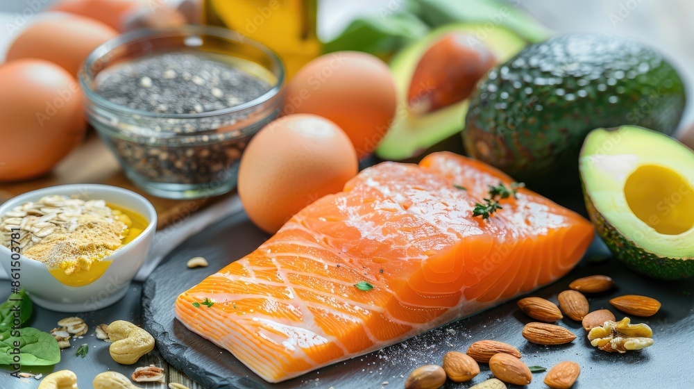 Wall mural Appetizing display of keto-friendly foods - salmon, avocado, eggs, nuts, and seeds - set against a bright background, offering a visually appealing option for promoting healthy eating.