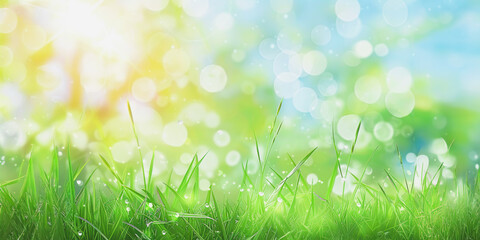 Obraz premium Fresh green grass with dew drops and sunlight in spring