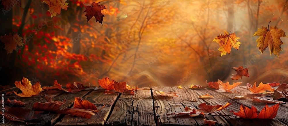 Aufkleber A rustic autumn background featuring an old wooden table with ample copy space image.