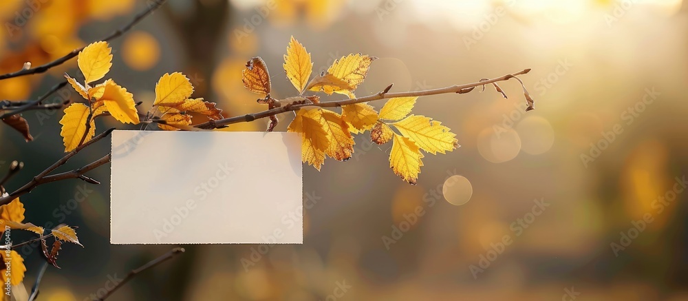 Poster a fall-themed twig with yellow foliage next to a blank white card on a softly blurred backdrop, perf