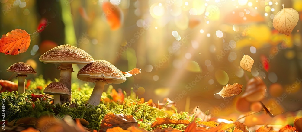 Aufkleber during autumn, a few mushrooms grow in a forest clearing with ample copy space image.
