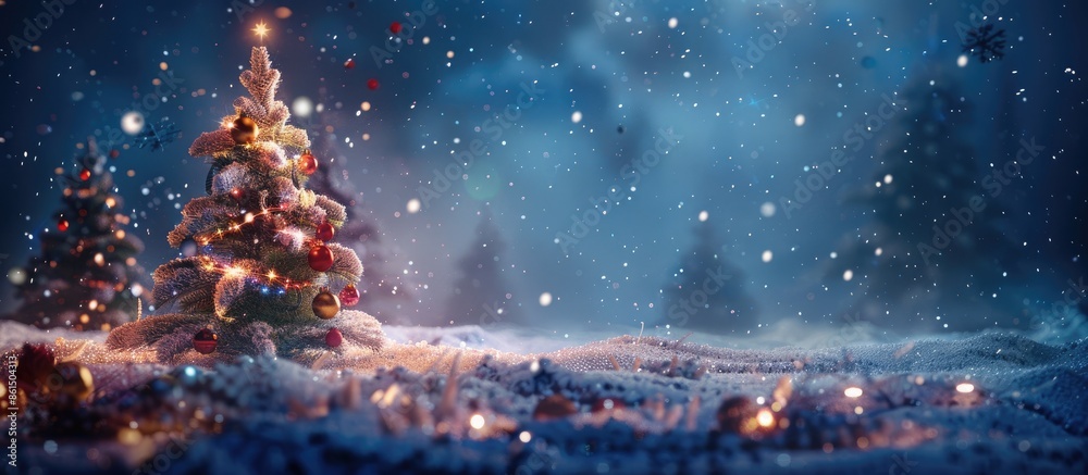 Poster festive christmas backdrop for a greeting card with a beautifully adorned tree, suitable for a copy 