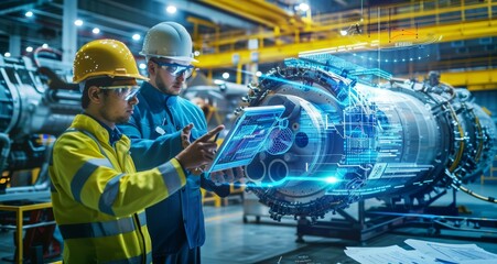 Engineers using a digital tablet for mechanical inspection in an industrial setting