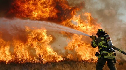 Firefighters are extinguishing a burning fire. Fireman putting out fire.