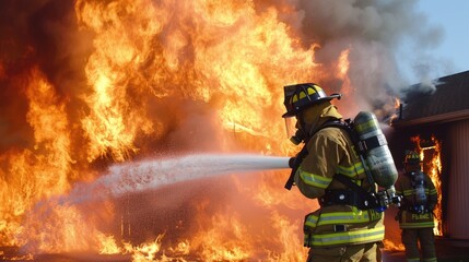 Naklejka premium Firefighters are extinguishing a burning fire. Fireman putting out fire.