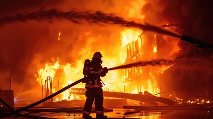 Fototapeta premium Firefighters are extinguishing a burning fire. Fireman putting out fire.
