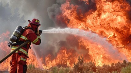 Firefighters are extinguishing a burning fire. Fireman putting out fire.