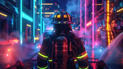 Fireman using AI tools, back view, futuristic, neon lights, digital art, cutting-edge firefighting technology 