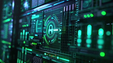 Obraz premium Digital lock, green data analysis chart, system monitoring interface, side view, emphasizes secure analytics, futuristic tone, vivid color scheme