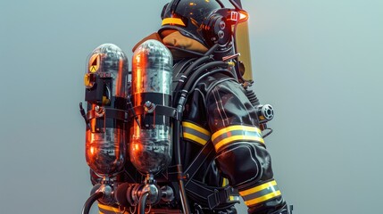 Naklejka premium Fireman with a jetpack, back view, futuristic, metallic hues, digital art, advanced firefighting technology 
