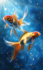 Two beautiful goldfish swimming gracefully in clear blue water with sunlit background