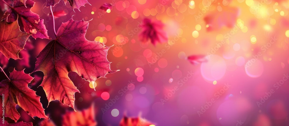 Poster Colorful autumn leaves with bokeh lights surrounding a copy space image on a gradient backdrop.