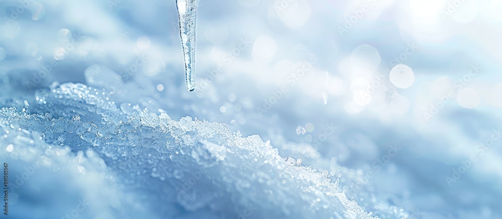 Leinwandbilder A delicate icicle rests on pristine snow, showcasing the allure of simplicity with a focus on the distinctive textures of the frozen ice and snowy surface. Perfect for a close-up image with ample