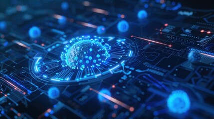 Obraz premium Virus icon, blue security breach alert, firewall illustration, side view, emphasizes network protection, futuristic tone, vivid color scheme