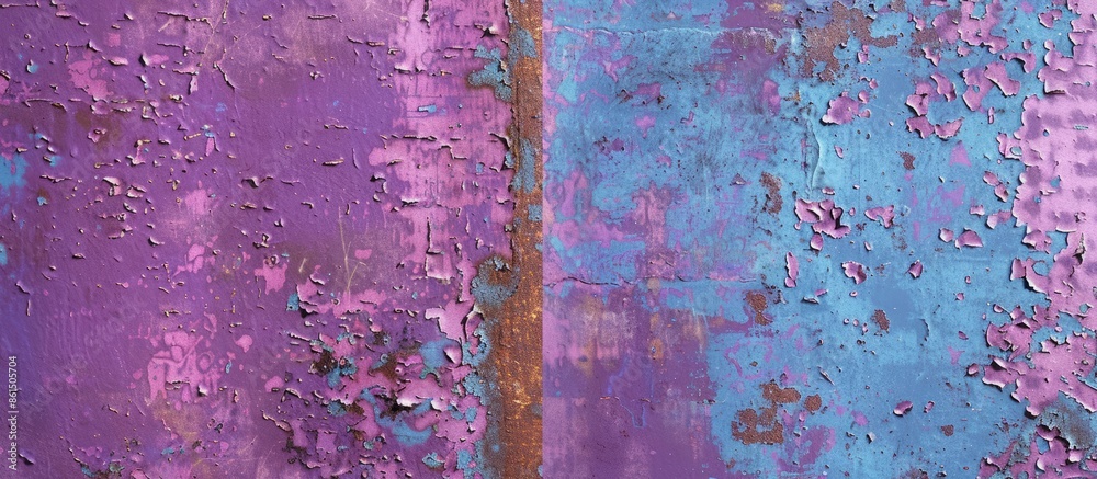 Poster Abstract background of a rusted iron texture in shades of violet with a blue rectangle providing a designated space for text in the copy space image.