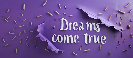 A torn paper with "Dreams come true" on purple backdrop as symbolic of aspirations fulfilled; offers copy space image.
