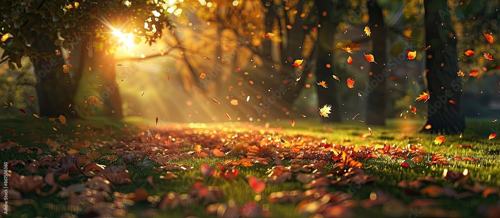 Poster An enchanting autumn park with colorful leaves in the soft glow of the evening sunset awaits in this captivating copy space image.